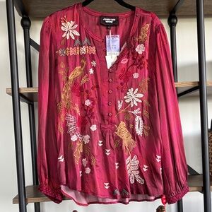 Johnny Was Burgundy Floral Embroidered Blouse